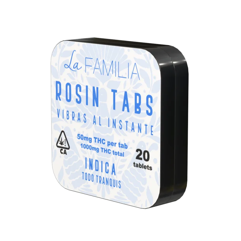 La Familia Rosin Tabs blue Indica tin — 50mg THC per tablet, 1000mg total, 20 tablets, Vibras al Instante.