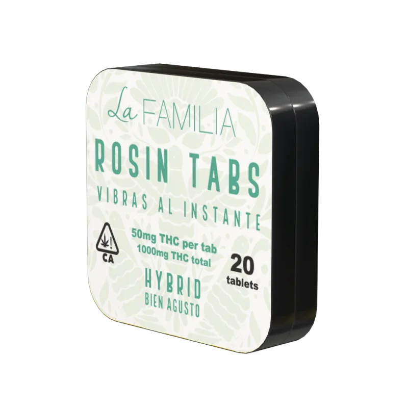 Green La Familia Rosin Tabs tin — Hybrid, Bien Agusto, 50mg THC per tab.