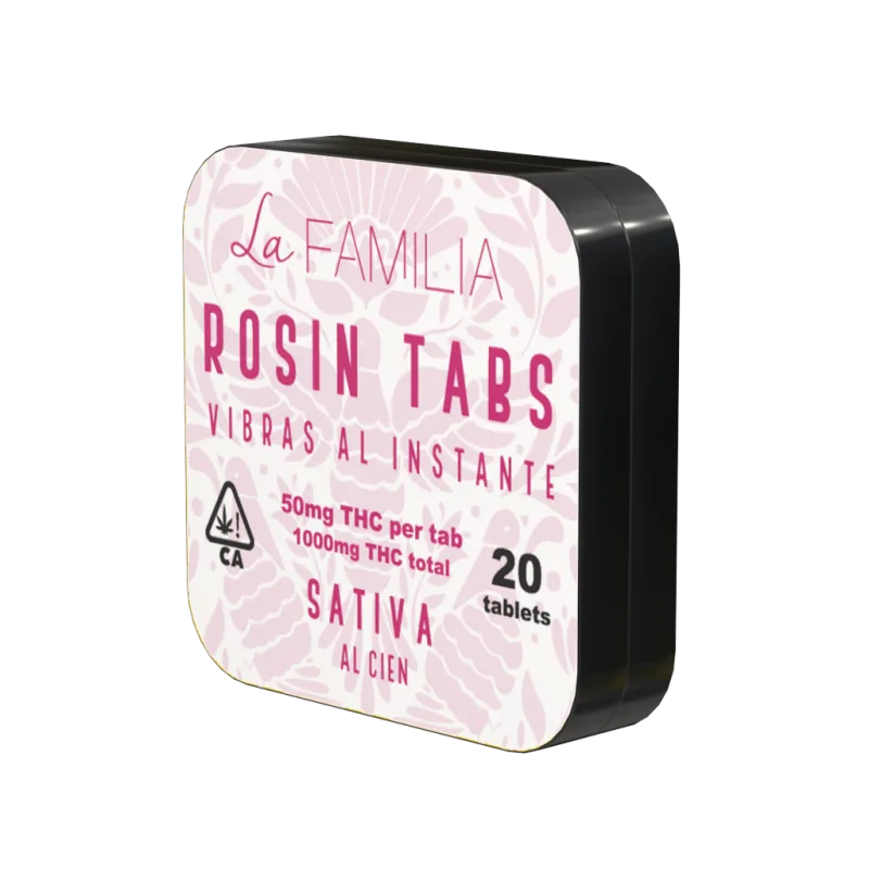 Pink La Familia Rosin Tabs tin — Sativa, Al Cien, 50mg THC per tab.