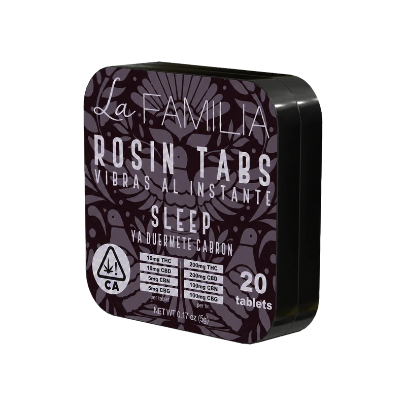Dark plum La Familia Rosin Tabs Sleep tin, Ya Duérmete Cabrón, 10mg THC, 10mg CBD, 5mg CBN, 5mg CBG per tablet, 20 tablets.