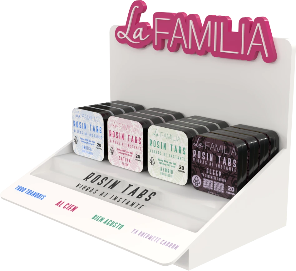 La Familia Rosin Tabs retail display with the full lineup of tins, Todo Tranquis, Al Cien, Bien Agusto, and Sleep.