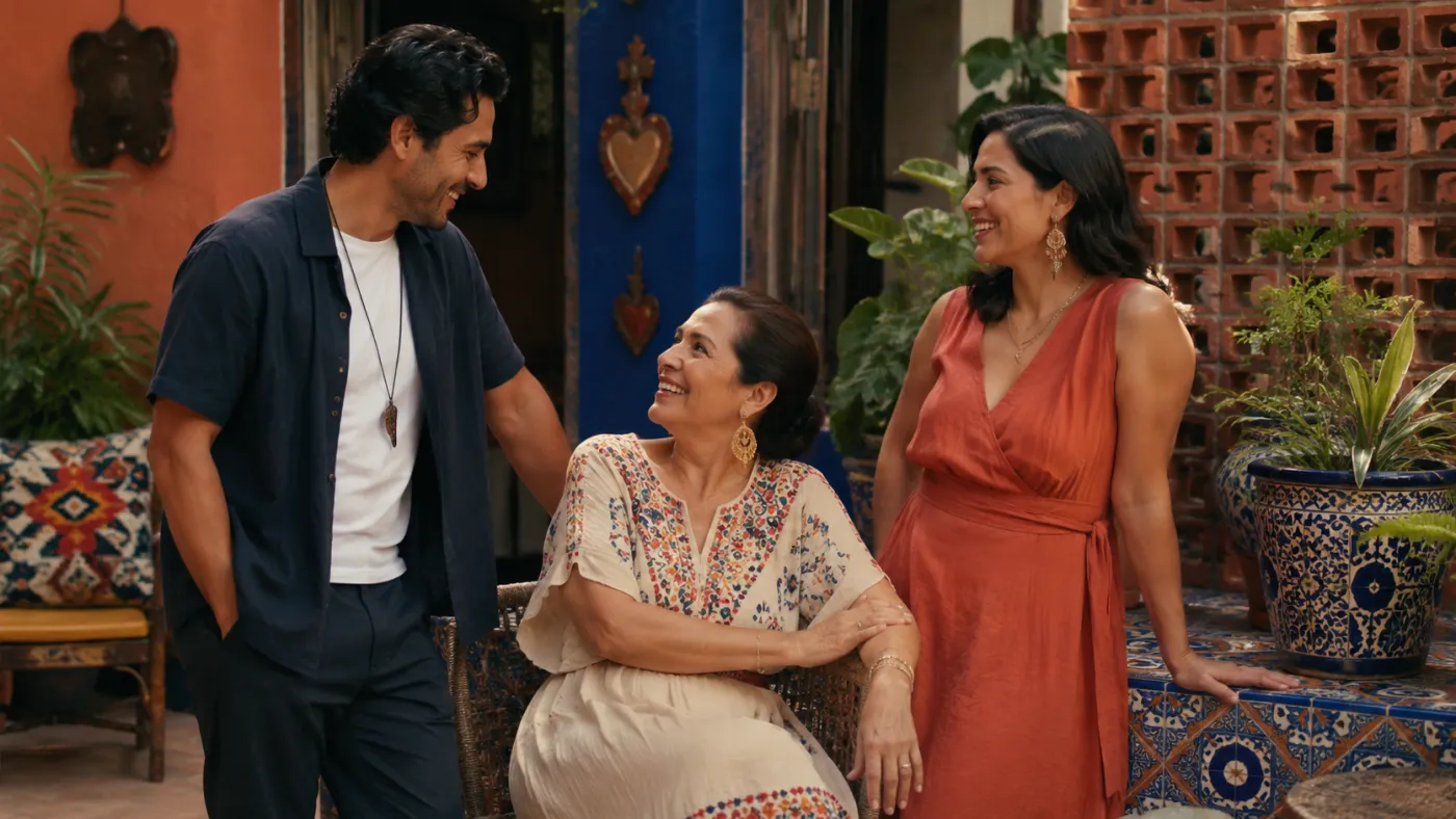 Three generations of a family talking and laughing together in a warm courtyard with talavera tile, clay pottery, and a blue heart-carved door.