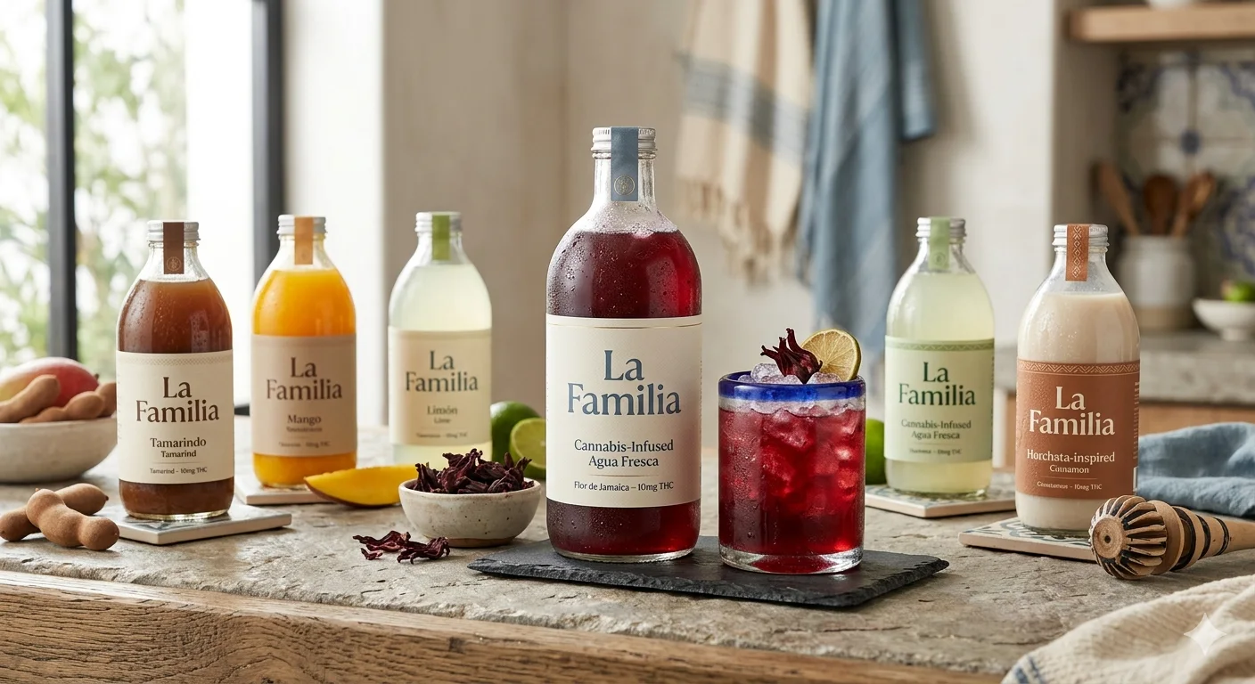 Craft cannabis beverage styled like an agua fresca in warm patio light.