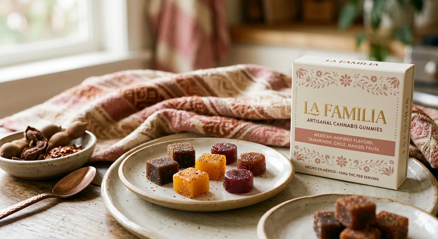 Artisan gummies with natural fruit, chile, and tamarindo cues on textured ceramic.