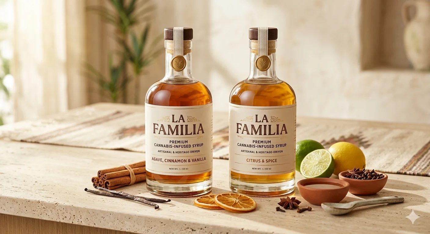 High-potency syrup bottle with amber liquid in terracotta and blue styling.