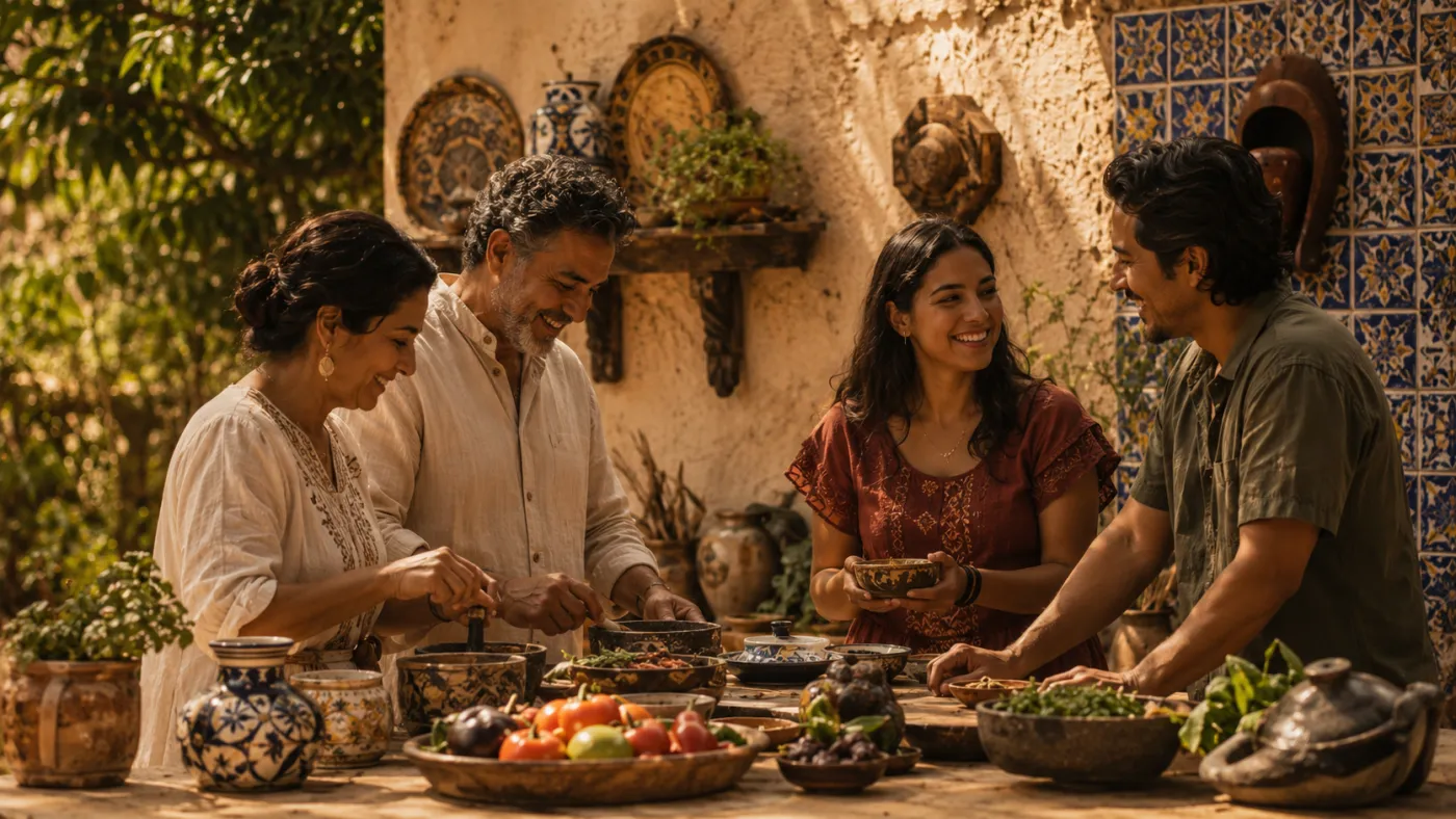 Family sharing a meal at a sunlit table set with traditional Mexican dishes and talavera pottery — generations of tradition and authentic flavor.