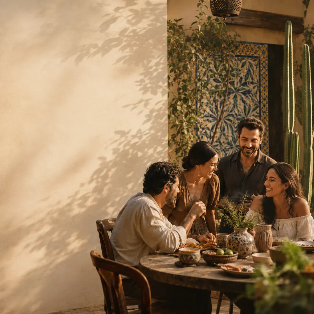Family gathered around a sunlit patio table set with traditional Mexican dishes, talavera tilework behind them — heritage, warmth, En Familia.
