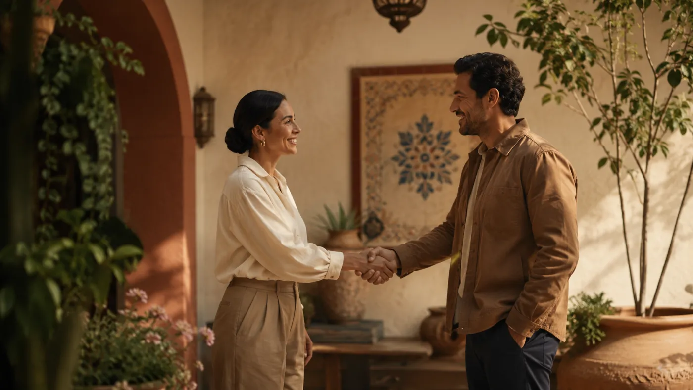 Two business partners shaking hands and smiling in a warm, sunlit space with talavera tilework and clay pottery.