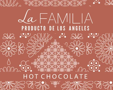La Familia Hot Chocolate bar wrapper, terracotta red with white talavera linework.