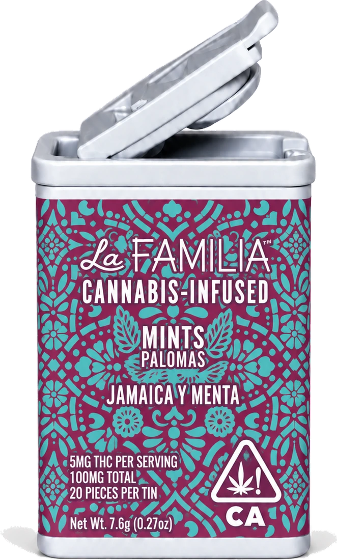 La Familia Hibiscus & Mint Paloma Mints tin, magenta with teal pattern, lid open.
