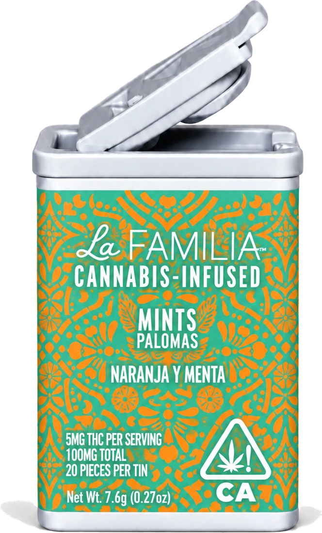 La Familia Orange & Mint Paloma Mints tin, orange with teal pattern, lid open.