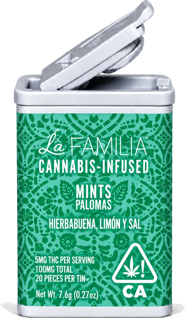 La Familia Spearmint, Lime & Salt Paloma Mints tin, green, lid open.