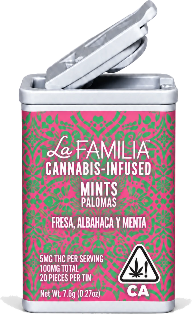 La Familia Strawberry, Basil & Mint Paloma Mints tin, pink with green pattern, lid open.
