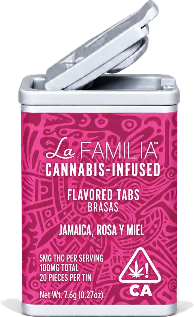 La Familia Hibiscus, Rose & Honey Flavored Tabs tin, magenta with pink pattern, lid open.