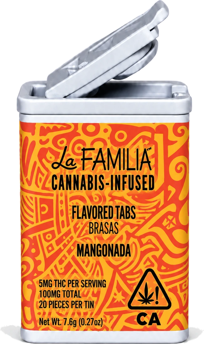La Familia Mangonada Flavored Tabs tin, orange and yellow, lid open.