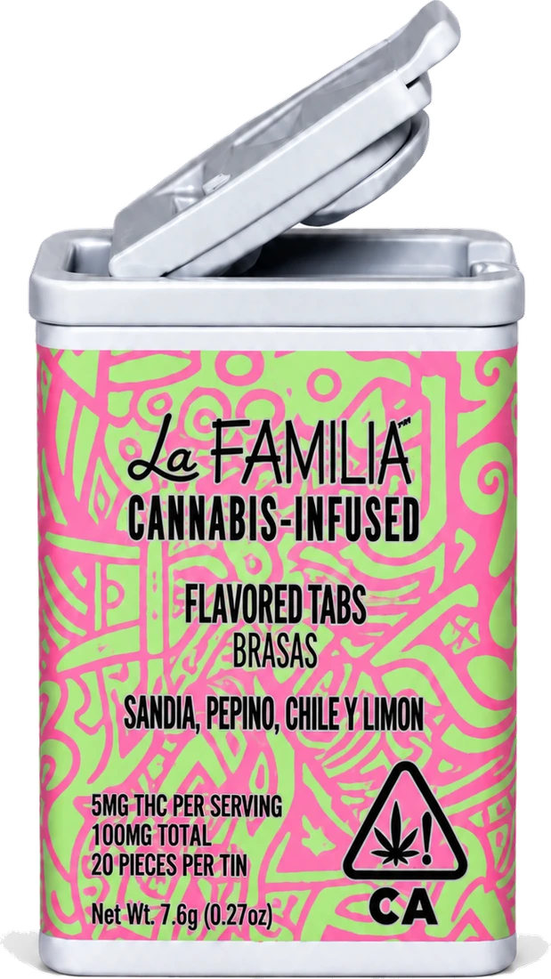 La Familia Watermelon, Cucumber, Chili & Lime Flavored Tabs tin, lime green and pink, lid open.